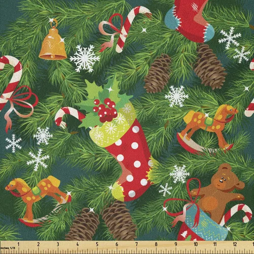 Vista 32 de Ambesonne Tela Navideña por Yarda, Tema Navideño Colorido Vivo Piñas de Pino Ramas Hombre de Jengibre Imagen de Bayas Estampada, Tela de Punto