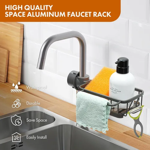 Vista 6 de Soporte de esponja para grifo, soporte de esponja para fregadero de cocina, soporte de esponja de baño, organizador de fregadero de cocina, estante