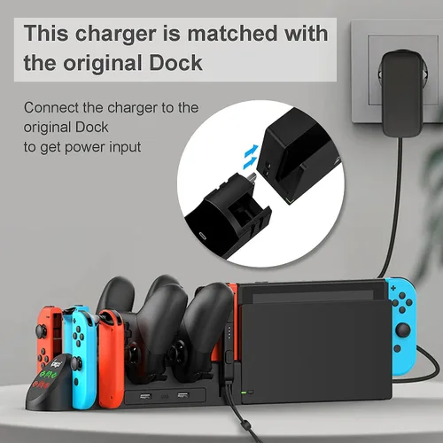 Vista 3 de Estación de carga para SwitchOLED modelo Joy Con y para controladores Switch Pro Base de carga con enchufe USB 2.0 y puertos, solo para controlador