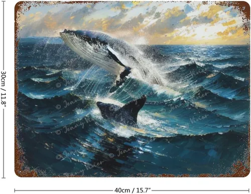 Vista 2 de Zomyto Letrero de metal retro con diseño de ballena de baño, letrero de aluminio, tema de vida marina, regalos para océano, vintage, baño, cueva