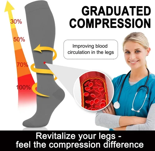Vista 5 de Calcetines de compresión médica para mujeres y hombres, 15-20mmHg Soporte graduado para enfermeras, calcetines atléticos, de viaje y vuelo