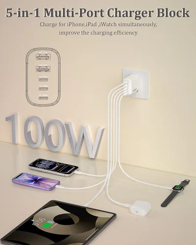 Vista 9 de 100W 5-Port USB C Charging Blocks for iPhone 17 Charger Fast Charging 2Pack