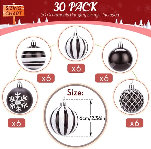 Vista 3 de SHareconn 30 bolas de árbol de Navidad de 2.36 pulgadas, adornos en blanco Blanco y negro