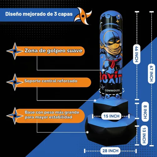Vista 4 de COMMOUDS Saco de boxeo de 67 pulgadas para niños, juego de boxeo inflable con guantes, saco de boxeo de rebote rápido para practicar karate