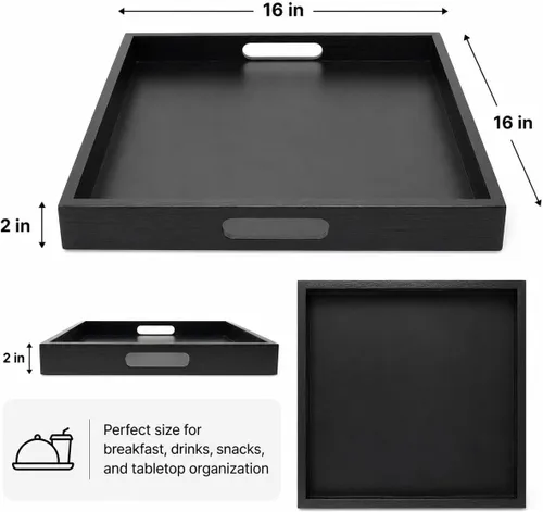 Vista 2 de Bandeja cuadrada de madera con asa, otomana decorativa para el hogar, 16 x 16 pulgadas, color negro
