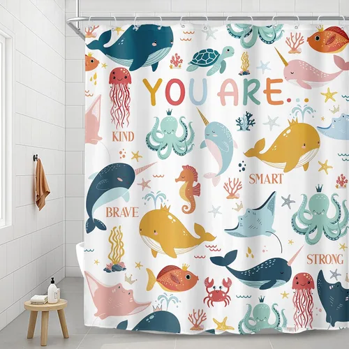Vista 21 de Riyidecor Ocean - Cortina de ducha para niños, 60 pulgadas de ancho x 72 pulgadas de alto, diseño de ballena, dibujos animados, animales, delfín