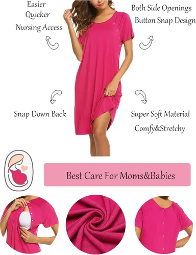 Vista 2 de Ekouaer - Camisón con botones y manga corta para mujer, vestido para lactancia, parto, hospital y maternidad, tallas S-XXL