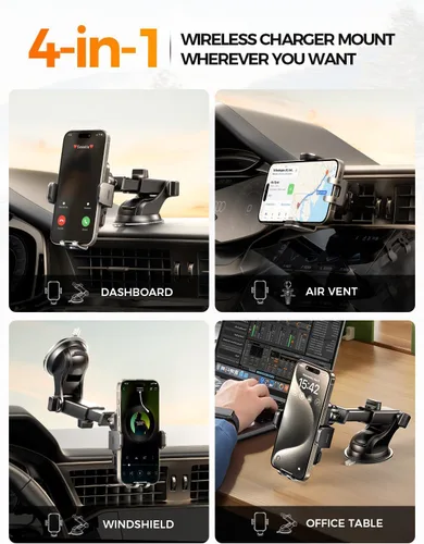 Vista 2 de Soporte inalámbrico con cargador de coche para teléfono, carga rápida de 15W, soporte de teléfono con sujeción automática para el salpicadero
