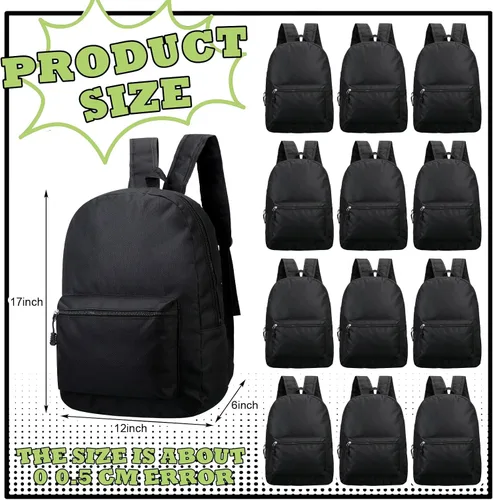 Vista 2 de Amylove Paquete de 24 mochilas a granel de 17 pulgadas, 12 colores surtidos, bolsas escolares para niños, niñas, adolescentes y estudiantes, Negro