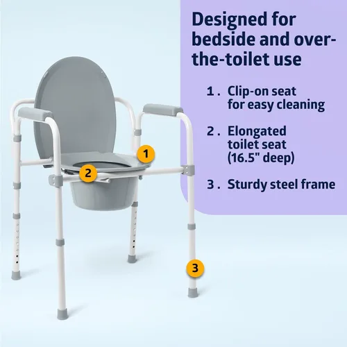 Vista 2 de Medline Cómoda plegable 3 en 1 gris oscuro con asiento alargado, tratado con microban, portátil, ajustable, duradero, ideal para pacientes médicos