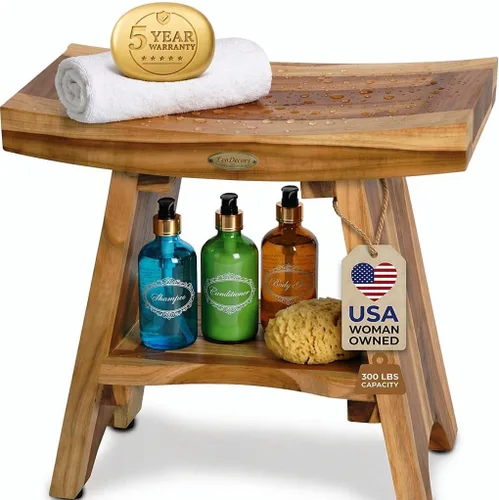 Vista 17 de EcoDecors Banco de ducha de teca de 18", capacidad de 300 lb – Asiento de baño de madera impermeable para adultos - Taburete de spa compacto