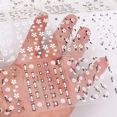 Vista 4 de Calcomanías para arte de uñas de flores, diseño de uñas en blanco y negro, calcomanías autoadhesivas 3D, suministros de arte de uñas, calcomanías
