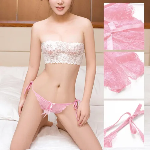 Vista 3 de HOTSO Tangas sexy de encaje para mujer, con lazo lateral, ropa interior, lencería de tiro bajo, tirantes en T, tanga con lazo