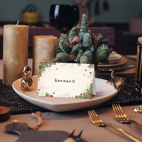 Vista 4 de Tarjetas de lugar de mesa de Navidad, tarjetas de lugar de asientos de Navidad para mesas, tarjetas de tienda de campaña de fiesta de vacaciones