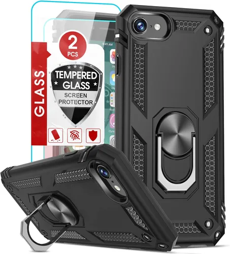 Vista 11 de LeYi Funda para iPhone SE con 2 protectores de pantalla de vidrio templado, funda de grado militar con soporte de anillo magnético para iPhone SE