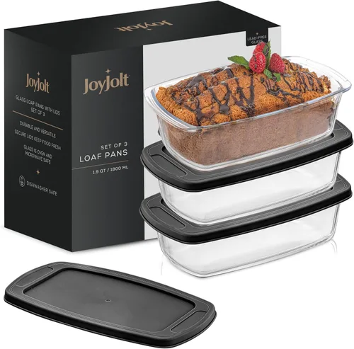 Vista 9 de JoyJolt Juego de 3 moldes para hornear pan con tapas. 1.9 cuartos de galón, plato rectangular grande para hornear con tapa. Molde para horno, sartén