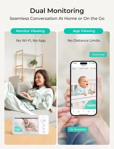 Vista 4 de Dr.Care Monitor de bebé inteligente WiFi con cámara, pantalla 720P de 4 "y