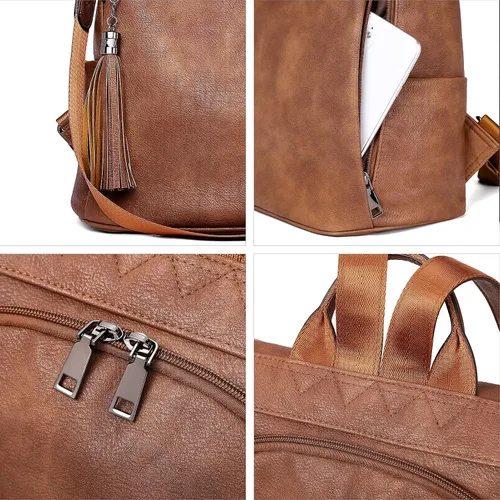 Vista 5 de Bromen - Mochila tipo bolso de mano de piel antirrobo para mujer a la moda, L