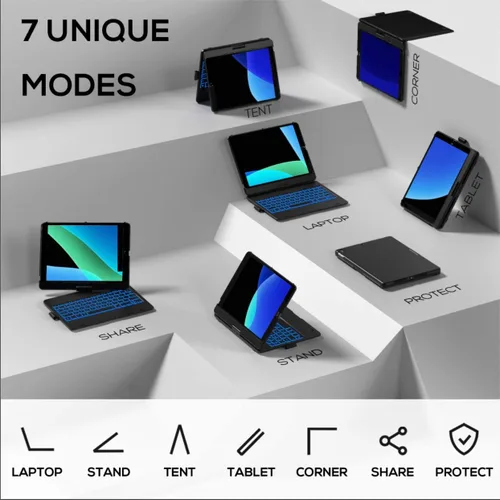 Vista 4 de Funda con teclado para iPad de 9ª generación (10.2 pulgadas, 2021) 360° 7 modos Retroiluminación 12 colores Delgada, ligera y protectora