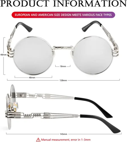 Vista 6 de AIEYEZO Gafas de sol redondas steampunk Circle Lennon Hippie, marco de metal, lente de bloqueo UV 100%