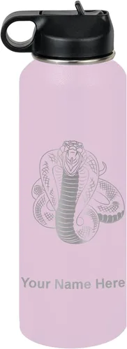 Vista 73 de LaserGram Botella de agua personalizada, serpiente de cobra, acero inoxidable de doble pared aislada al vacío con popote superior, regalo grabado