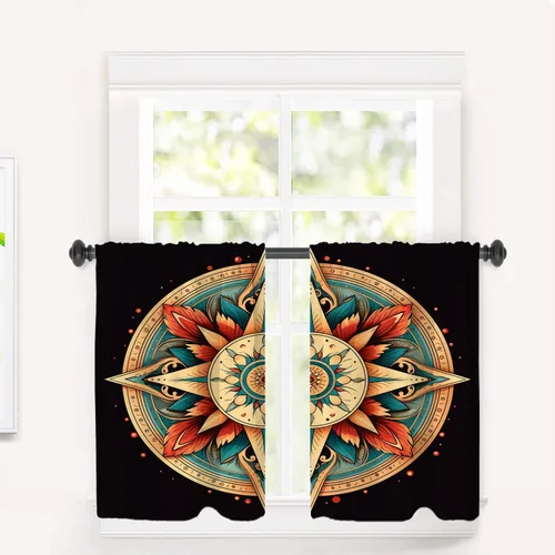Vista 30 de Cortinas de cocina de hojas de arce otoñales para ventanas, hojas verdes y rojas sobre cenefas opacas negras, tratamientos de ventana de poliéster