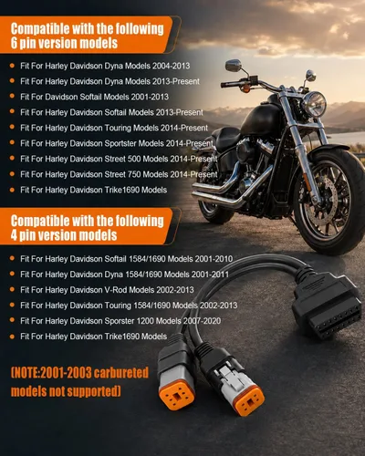 Vista 5 de Cable de diagnóstico OBD2 apto para Harley Davidson 4pin+6pin 2 en 1 adaptador de escáner OBD de motocicleta, conector 2 en 1 funciona con muchas