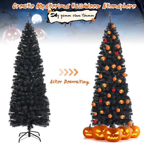 Vista 3 de Árbol de Navidad negro de 6 pies, árbol de lápiz delgado con 520 puntas de rama, hojas de PVC de calidad, soporte de metal plegable, árbol