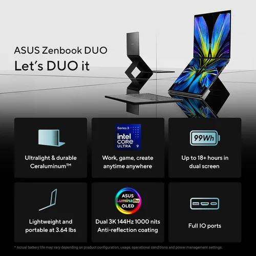 Vista 3 de ASUS Zenbook Duo Laptop (2026), pantalla táctil OLED 3K 144Hz dual de 14 pulgadas, procesador Intel Core Ultra 9 386H, gráficos Intel, 32 GB de RAM