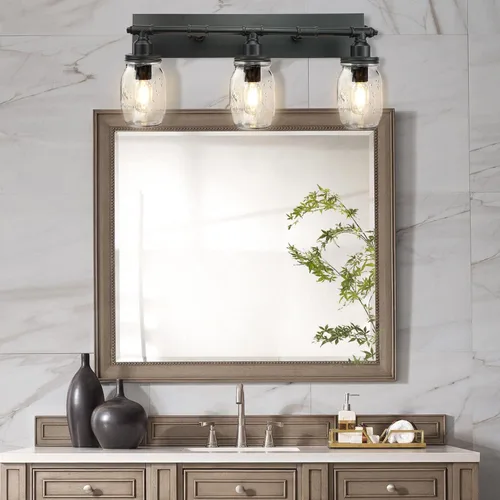 Vista 2 de Lámpara de pared para baño, lámpara industrial de tarro de masón, aplique de pared con acabado negro (3 luces)