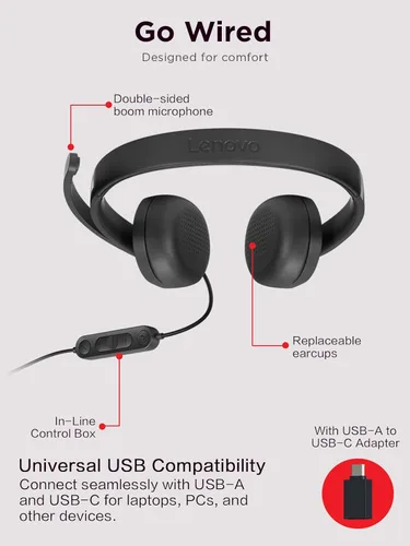 Vista 5 de Lenovo 115 Auriculares con cable estéreo USB-A/USB-C – Ligeros, con cancelación de ruido, caja de control en línea, adaptador USB-A a USB-C, diseño