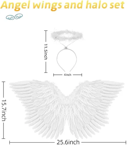 Vista 4 de Alas de ángel y halo para adultos, disfraz de ángel de plumas para mujeres, niños y niñas, accesorios de disfraces de cosplay de Halloween