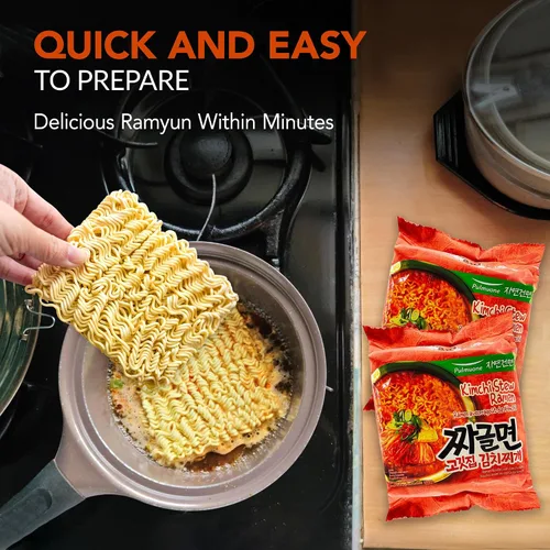 Vista 4 de Pulmuone - Fideos coreanos Ramyun no fritos, paquete de 4 fideos instantáneos coreanos sabor a estofado de kimchi, fácil de cocinar, auténtico ramen