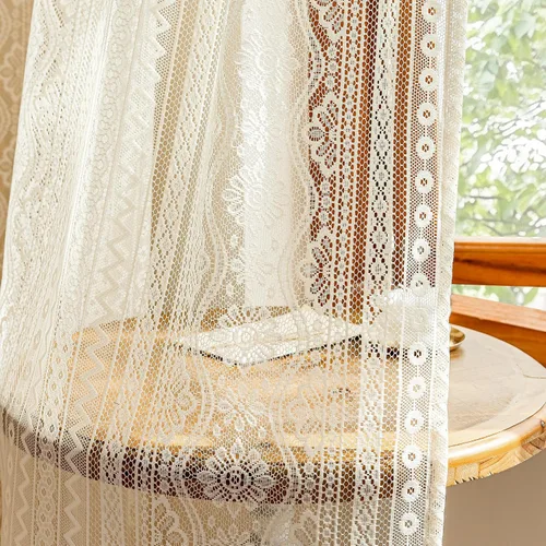 Vista 6 de MYSKY HOME Cortinas de encaje beige para puerta francesa de 40 pulgadas de largo, 2 paneles de cortinas florales bohemias transparentes para puerta