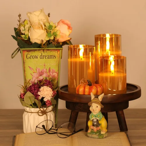 Vista 5 de Juego de 3 velas de cristal dorado sin llama con control remoto y temporizador, velas LED de cera real controladas con llama 3D parpadeante, D 3