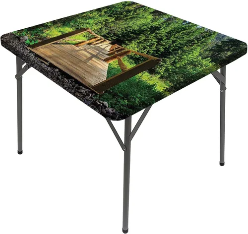 Vista 13 de Mantel cuadrado para mesa de paisaje, majestuosa escena matutina brumosa Triglav National Elástico, se adapta a mesas de 24 x 24 pulgadas