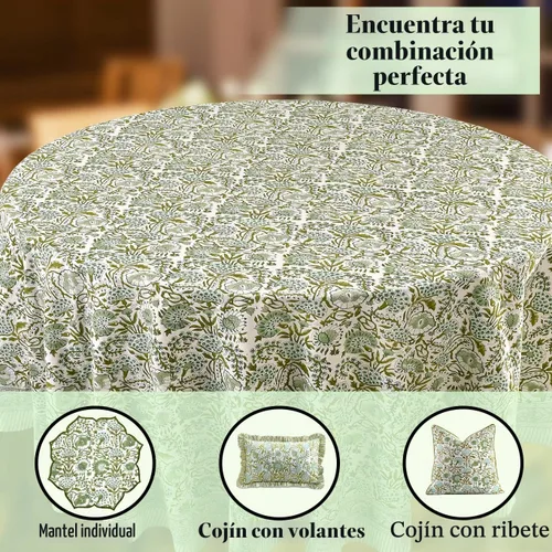 Vista 7 de CPC Mantel redondo - Mantel de algodón con estampado de bloques indios - Mantel de algodón impreso a mano y lavable - Primavera/Verano, mantel
