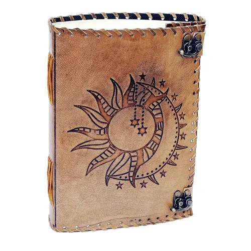 Vista 8 de Diario en relieve de Sun & Moon, diario de 240 páginas, diario vintage, diario de sol luna, cuaderno de bocetos de cuero, cuaderno de cuero, diario