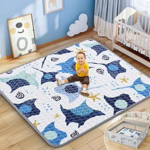 Vista 10 de Tapete de juego para bebé de 47 x 47 pulgadas, grueso y suave, acolchado para bebé para corral de juegos, tapetes para gatear para bebés, niños