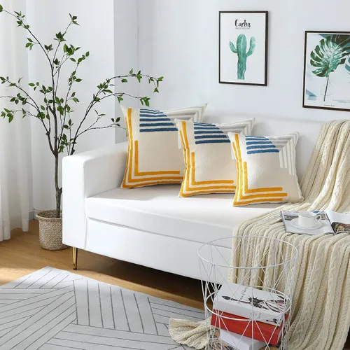 Vista 6 de Juego de 2 fundas de almohada modernas bordadas geométricas de 16 x 16 pulgadas, de algodón con textura copetuda, estilo bohemio, decorativas