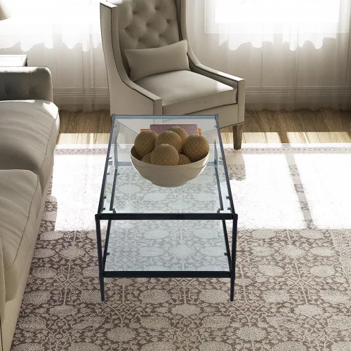 Vista 6 de Mesa de centro rectangular de cristal, mesa central de 2 niveles, mesa de café moderna para sala de estar, 43.3 x 23.62 pulgadas, color negro