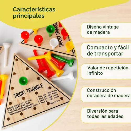 Vista 6 de Paquete de 3 – Juego de mesa con clavija triangular de madera – Mini juego de viaje retro