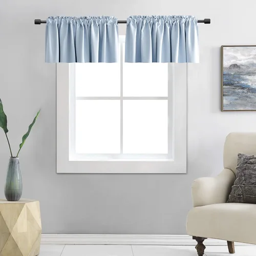 Vista 9 de DONREN Cenefas opacas de ventana de 12 pulgadas de largo para loft, cenefas de cocina aguamarina con bolsillo para barra