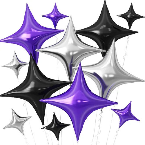 Vista 26 de Globos de Estrella Negra, 12 Piezas Globos de Papel de Aluminio de Estrella de Cuatro Ángulos, 26 Pulgadas y 10 Pulgadas Globo de Película de Negro