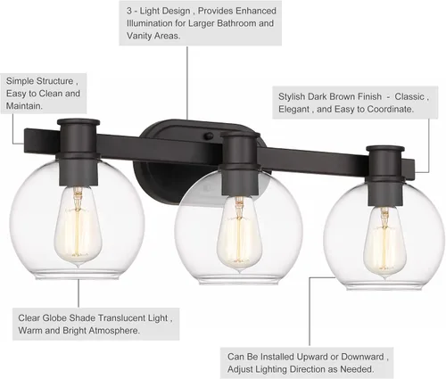 Vista 2 de Tawson Dan Modern Farmhouse - Lámpara de tocador de 3 luces industrial con pantalla de globo de vidrio transparente para dormitorio, pasillo