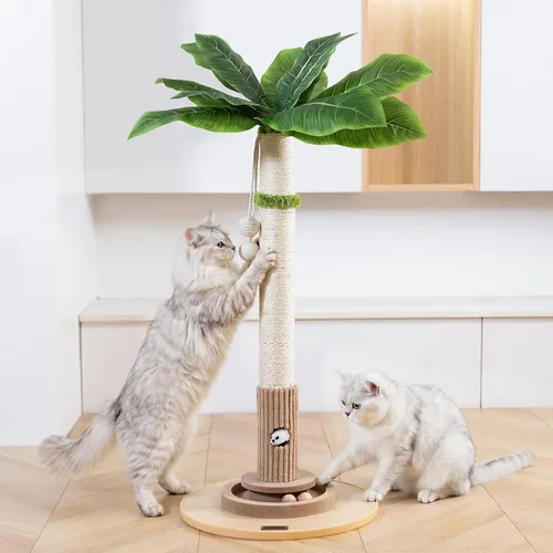 Vista 6 de WOOCHPET Rascador para gatos de interior de 35 pulgadas de alto, rascador de sisal para gatos con juguete de ratón y bolas de pista, base de madera