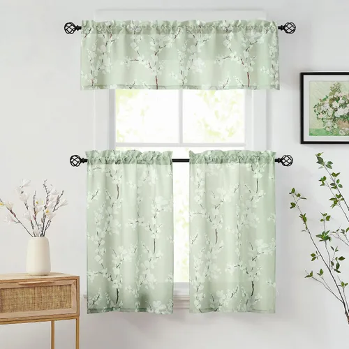 Vista 2 de FMFUNCTEX Cortinas de Nivel de Cocina Verde y Blanco de 24 Pulgadas de Largo con Estampado de Flores, Cortinas de Media Ventana para Baño