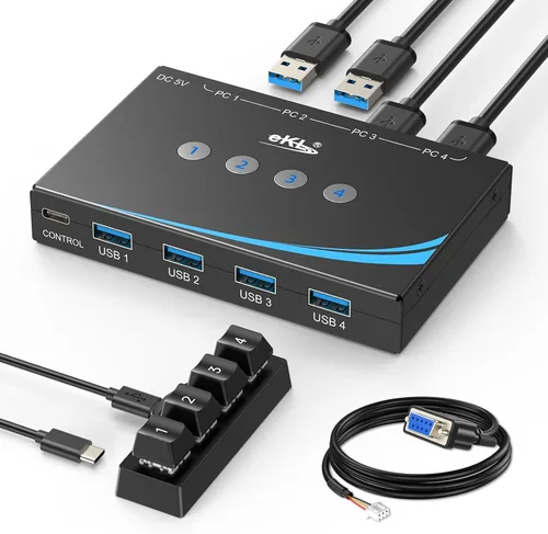 Vista 10 de eKL interruptor USB 3.0 para compartir entre 4 computadoras, 4 puertos USB 3.0, interruptor para PC, laptop, ratón, teclado, escáner, impresora