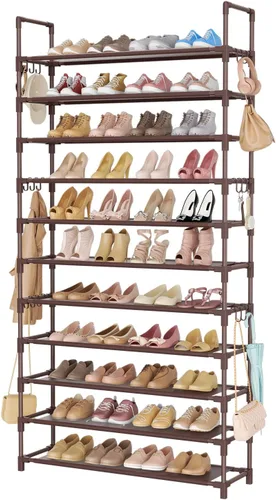 Vista 12 de LANTEFUL Zapatero de 10 niveles, 50 pares, organizador de zapatos alto de gran capacidad, almacenamiento de zapatos resistente con dos ganchos