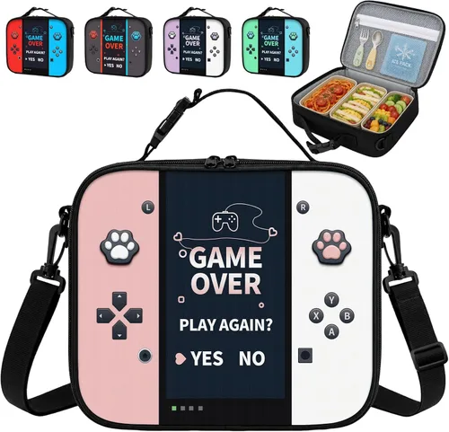 Vista 10 de Lonchera aislada para consola de juegos, para adolescentes, niños, niñas, niños, reutilizable, de gran capacidad, con etiqueta de nombre, correa